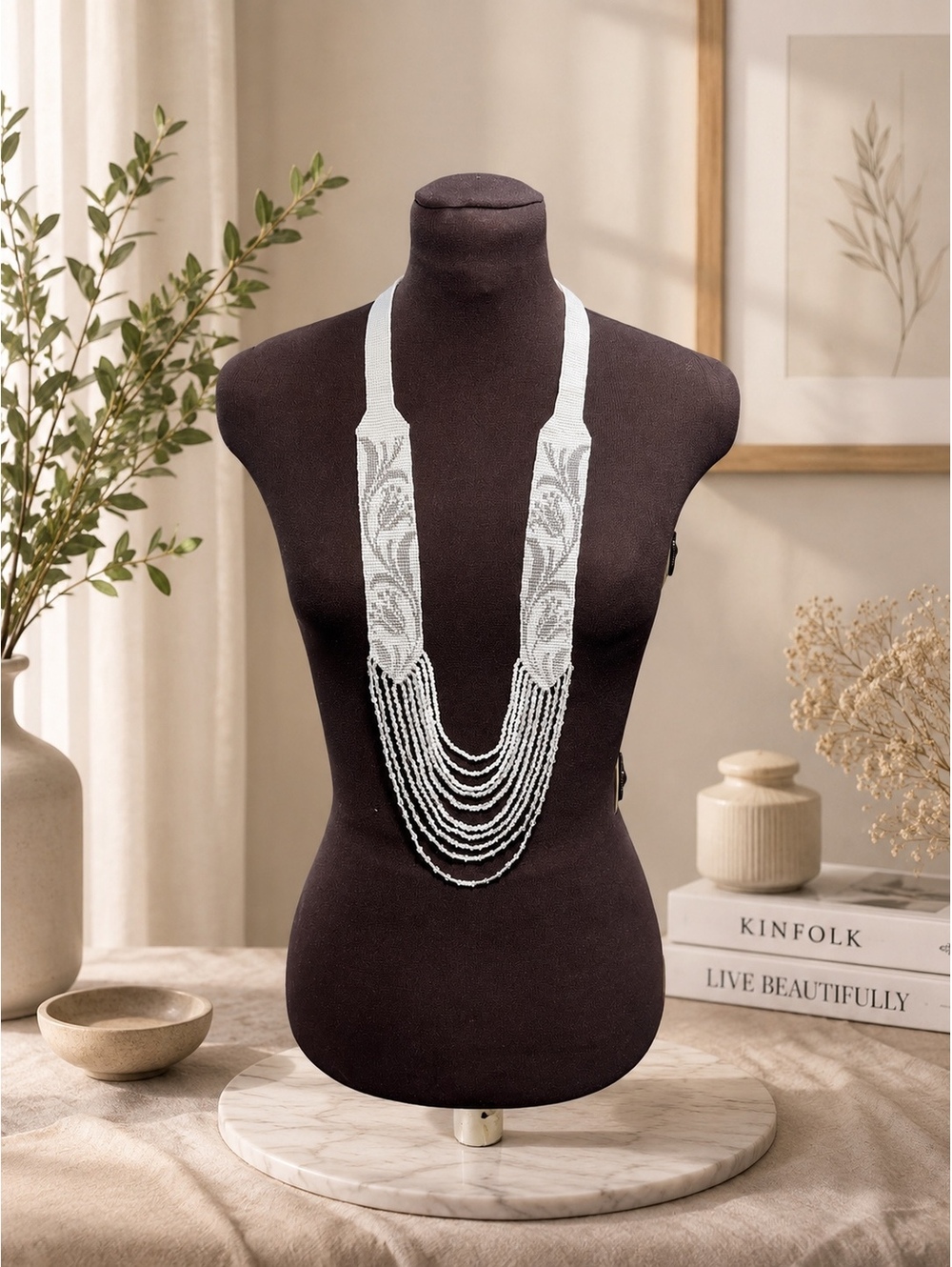 Handmade White Glass Bugle Bead Multi Strand Statement Necklace Floral Boho